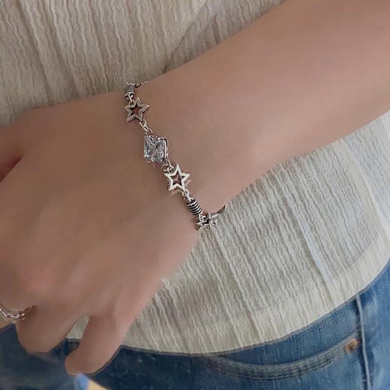Silver Color Hollow Five-pointed Star Bracelet Zircon Bracelet Female Fashion Grunge Jewelry Adjustable Bracelet