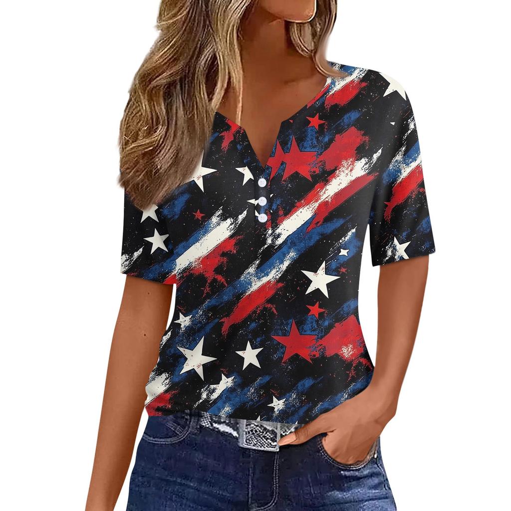Women's T Shirt Independence Day Print Button Short Sleeve Daily Weekend Fashion Basic V- Neck Regular Top