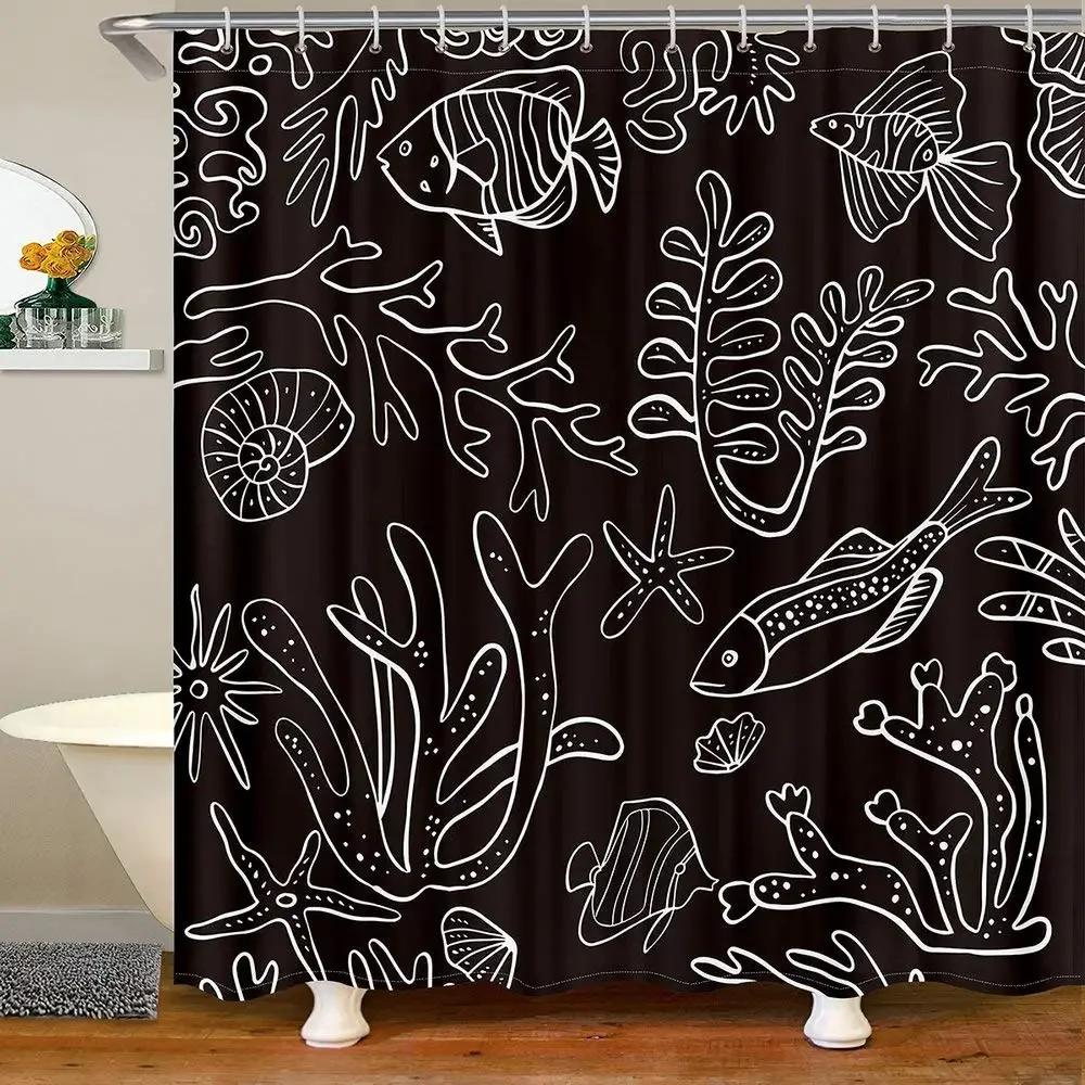 Vibrant Sea Life Watercolor Print Water-Resistant Shower Curtain With Colorful Shells And Fish For Ocean-Themed Bathroom Decor