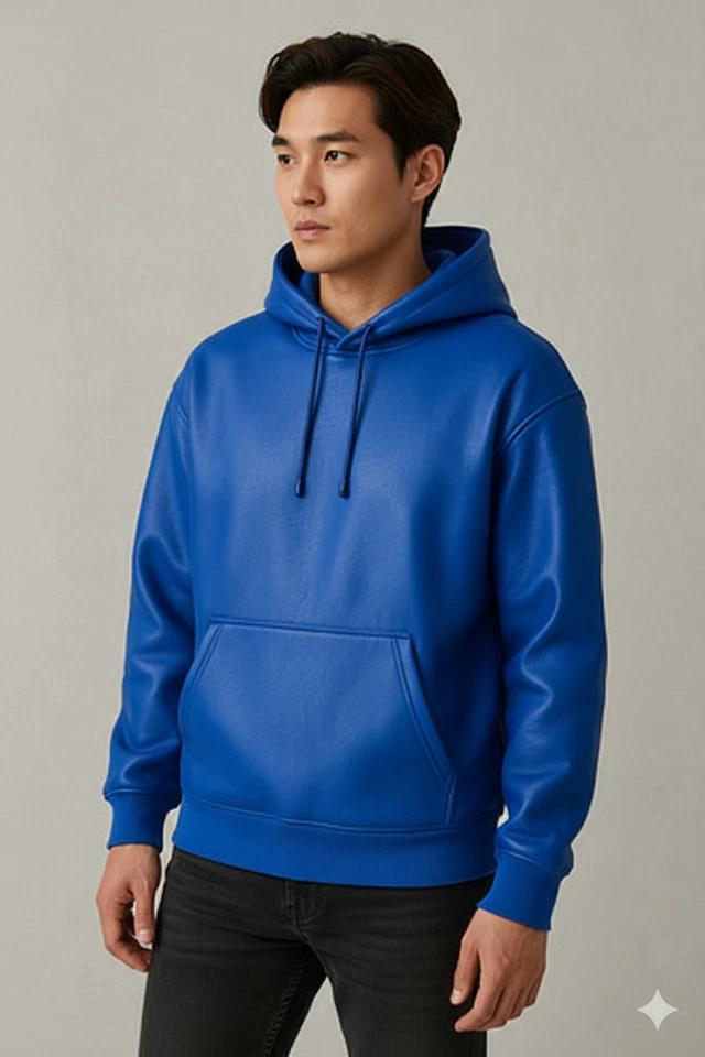 Handmade Classic Men's Blue Hoodie Jacket Genuine Lambskin Leather Party Biker