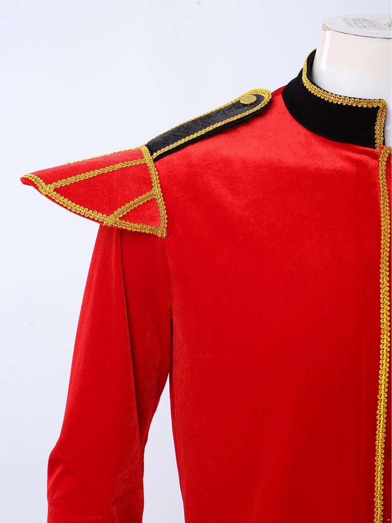 Stand Collar Long Sleeve Velvet Jacket with Gold Trim and Shoulder Boards for Men Circus Ringmaster Halloween Carnival Costume