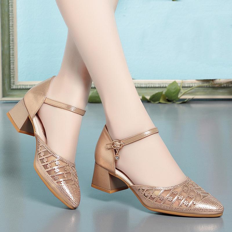 

Модные женские босоножки с пряжкой на ремешке, с острым носком, на квадратном каблуке, офисные туфли-лодочки, сандалии из марли на каблуке, удобные для офисной мамы 39(Foot24.5cm)