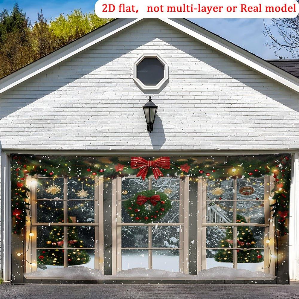1 large Christmas wreath window view party banner - high-definition printed garage background with snow night scene