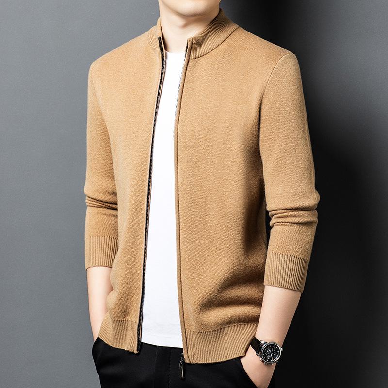 Märkes herrkofta i 100 % ull med dragkedja, avslappnad och mångsidig, tjock varm stickad plagg för unga och medelålders män