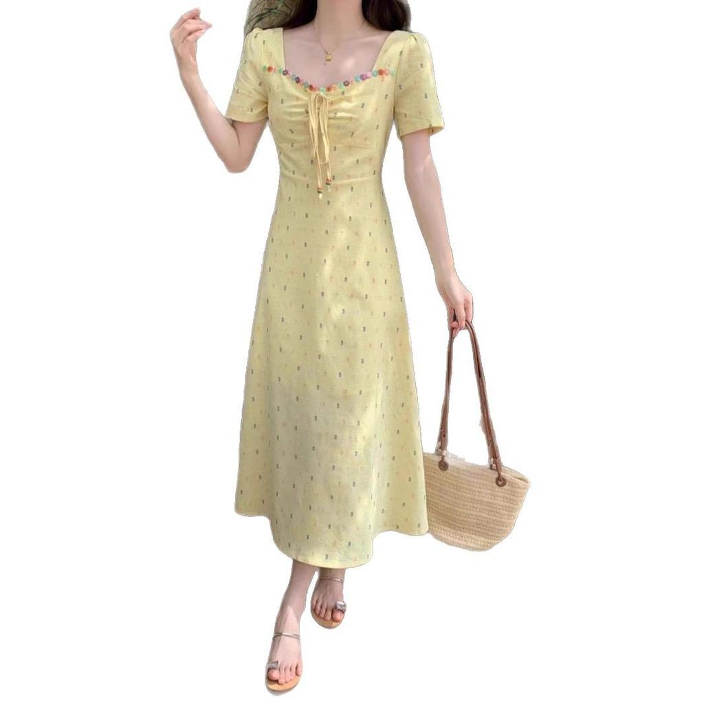 Large Size Women's French Floral Short-sleeved Dress, New Women's Summer Fat Mm Waist and Thin A-shaped Long Dress