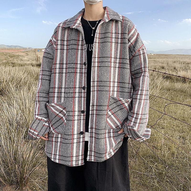 Fashionable Vintage Plaid Loose Wool Men's Clothing Korean Turn-down Collar  Autumn Winter Long Sleeve Casual Pockets Blends