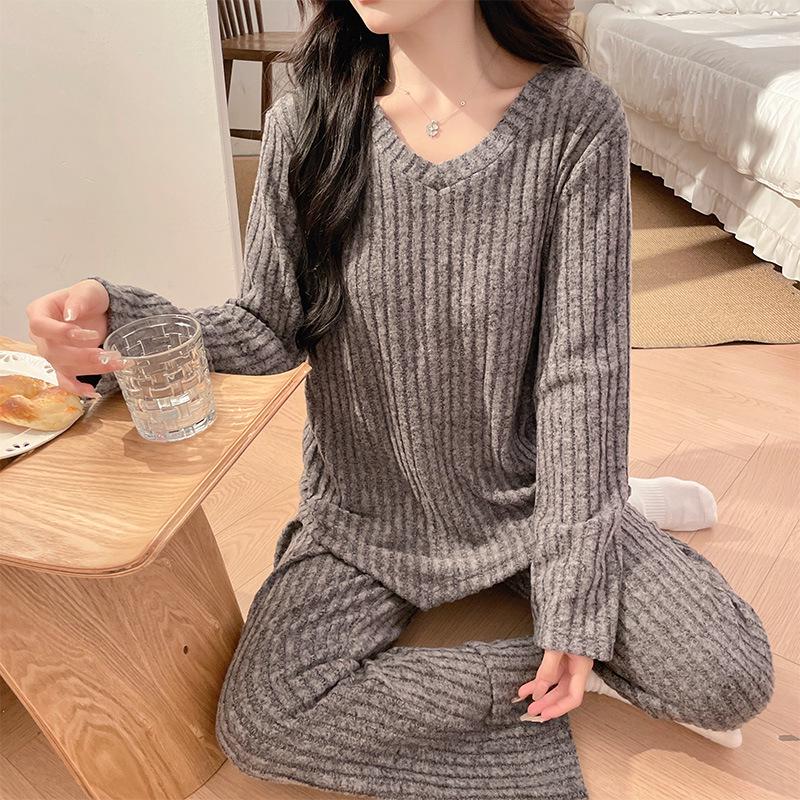 2025 Korean Women's Pajamas with Bra Pads: Knitted Long Sleeve & Pants, Plus Size, for Spring, Autumn, Winter