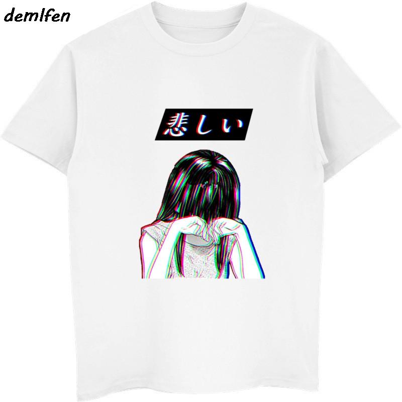 2019 Unisex Short Sleeve T Shirt Sad Girl Retro Japanese Anime Vaporwave Funny Clothes Novelty Hip Hop Tees Tops Harajuku Tshirt