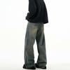 Autumn American Trend: Men's Loose Retro Yellow Mud-Dyed Straight Jeans, Washed & Distressed Wide-Leg Style