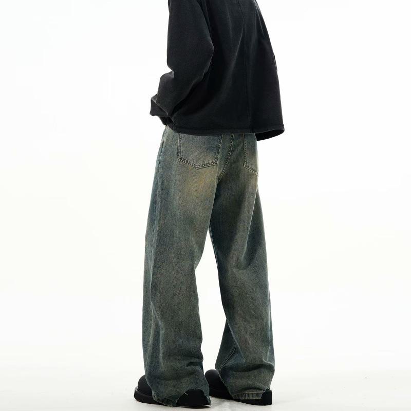 Autumn American Trend: Men's Loose Retro Yellow Mud-Dyed Straight Jeans, Washed & Distressed Wide-Leg Style