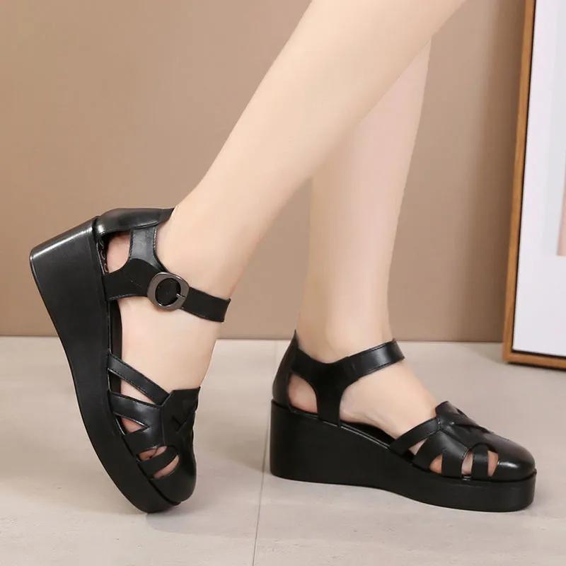 Fashion GKTINOO Summer Wedge Shoes for Women Sandals Genuine Leather Open Toe High Heel Casual Ladies Buckle Strap Fashion Female Sandal