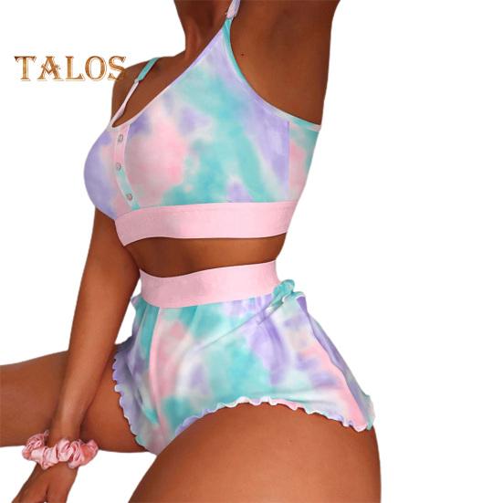 

Женский пижамный комплект из 2 шт./компл. с круглым вырезом без рукавов и принтом на бретелях, эластичный топ с высокой талией и присборенными краями, облегающие шорты, домашняя одежда, жилет, шорты, комплект лета M разноцветный