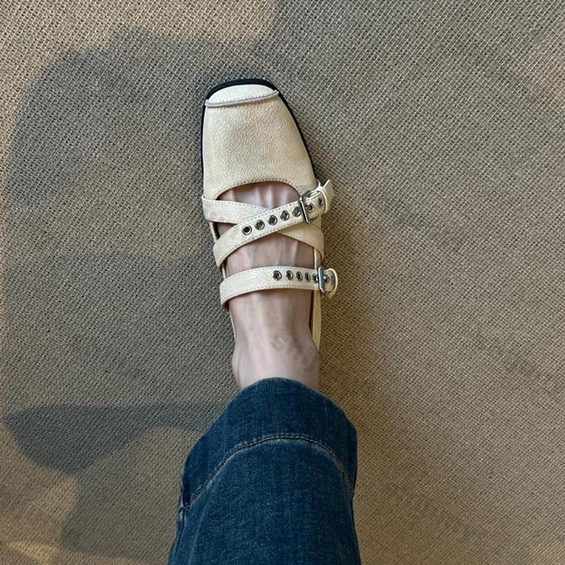 Women's Retro Genuine Leather Shoes 2025 New Shallow Ballet Shoes Women's Cross Button Square Head Flat Mary Jane Shoes