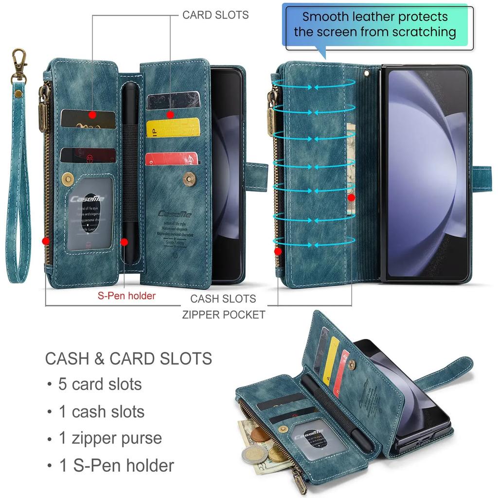 CaseMe Ledertasche für Samsung Galaxy Z Fold 6 5 Reißverschluss-Geldbörse mit Stifthalter Lanyard 2-in-1-Design Kartenfächer Handyhülle