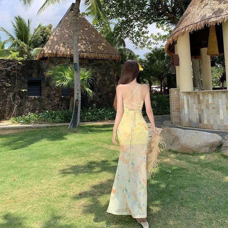 Damen Gelbes Blumenmuster Netz Maxikleid Spaghettiträger Meerjungfrauen Saum Strandpartykleid