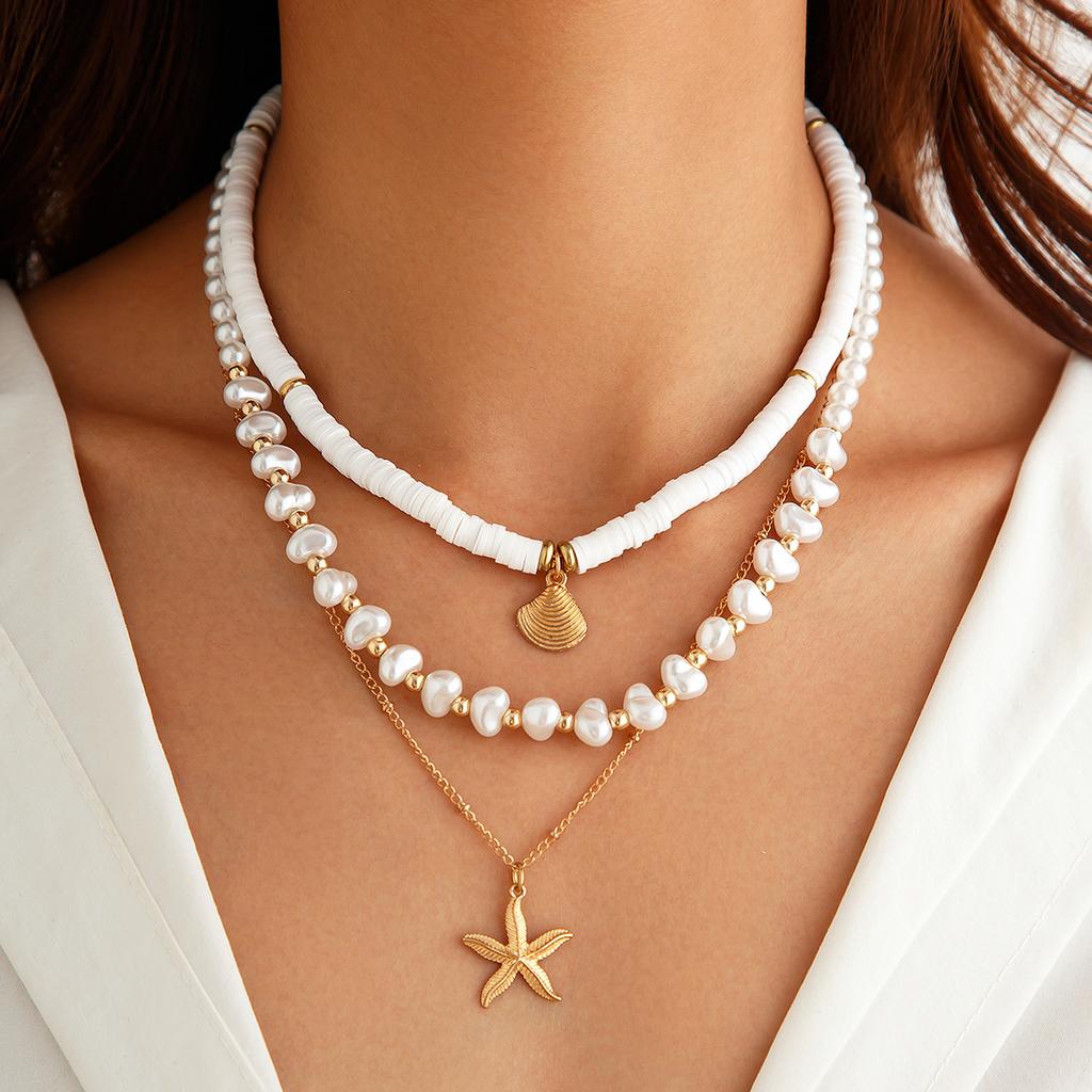 Ingemark 3Pcs Creative Heart Imitation Pearl Polymer Clay Chain Necklace Boho Metal Conch Starfish Pendant Choker Y2K Jewelry