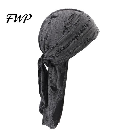 Vintage Cotton Hat Sweat Wicking Pirate Hat, Ripped Holes Head Wrap with Adjustable Foldable Travel Ribbon, Street Style Washed Fabric Bandana for Men темно-серого