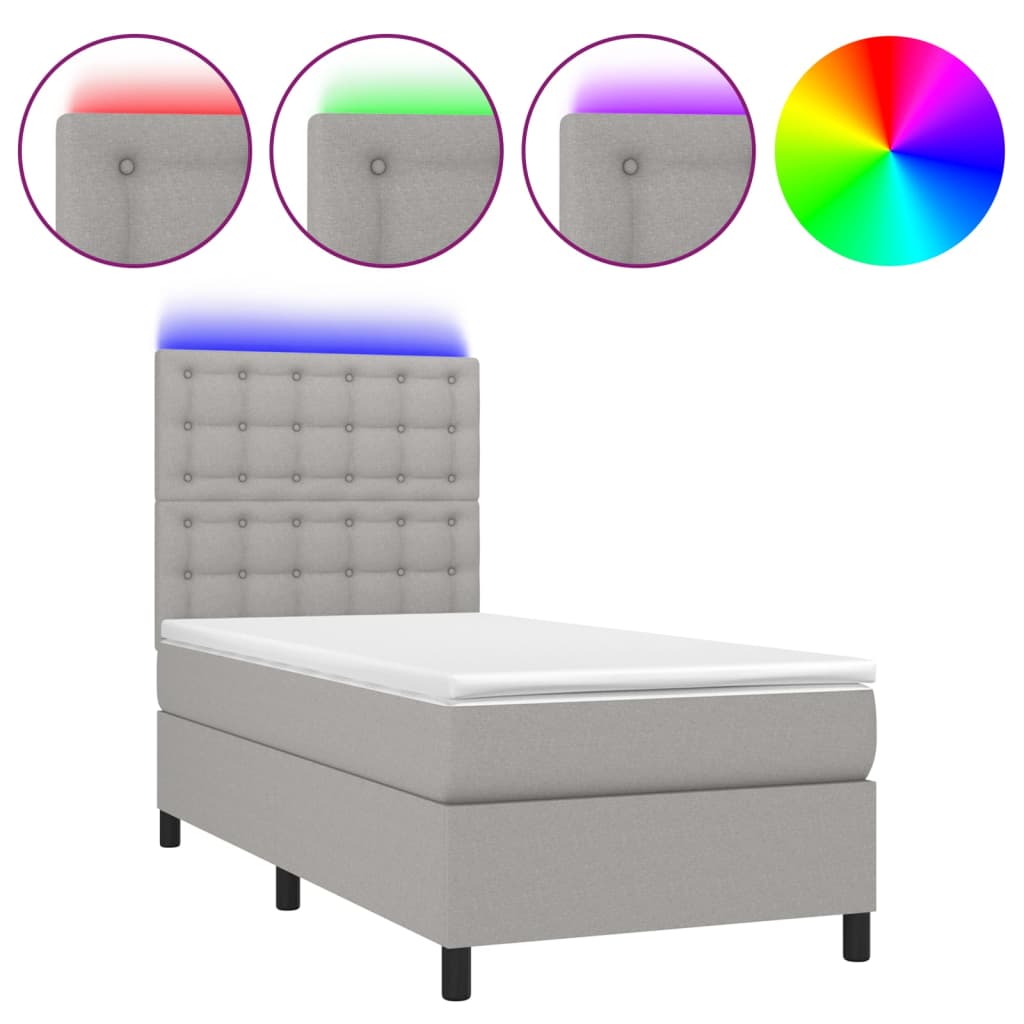 Box Spring Bed with Mattress & LED Light Grey 90x190 cm Fabric