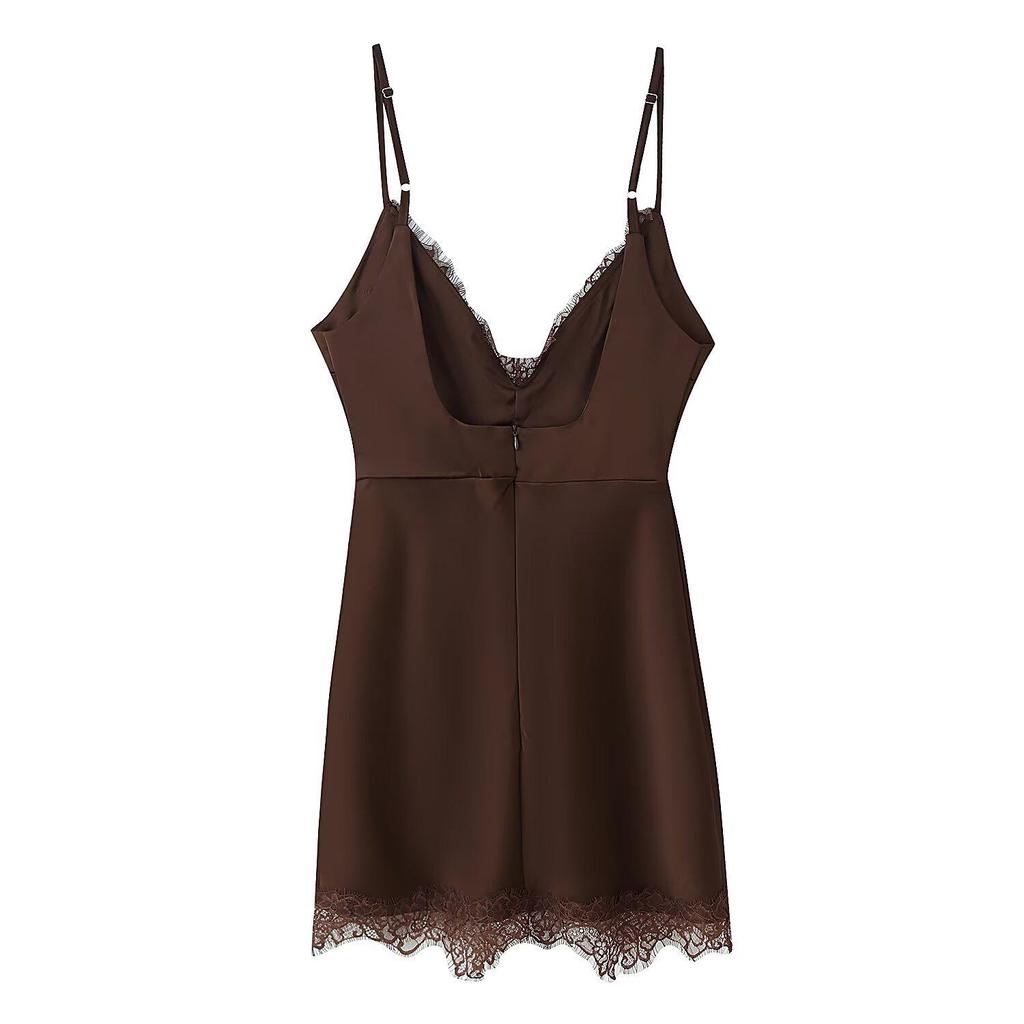 Spring 2026 European & American Style Lace Trim V-Neck Spaghetti Strap Dress for Women.