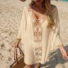 Cover Up Dress V-neck Long Sleeve Hollow Splicing Design Beach Cover Up Dress Pure Color Poolside Beachwear