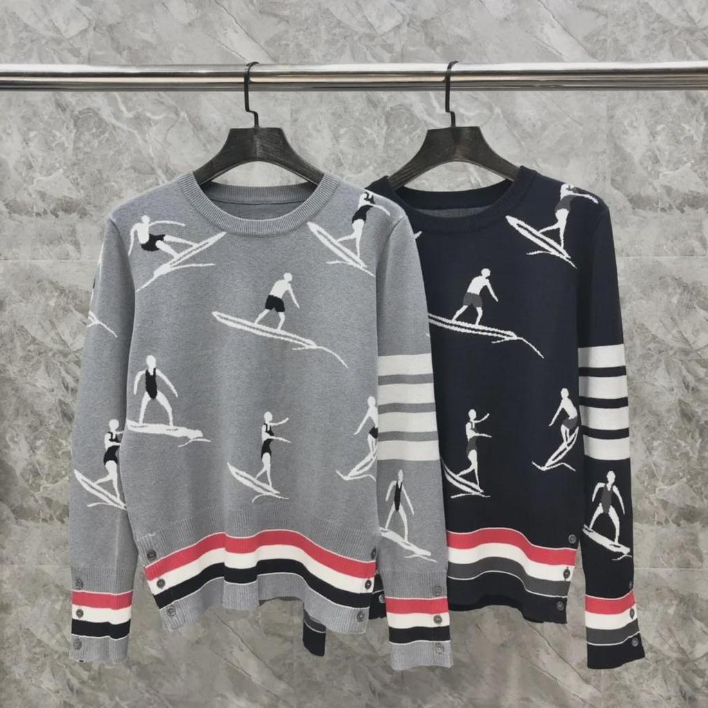 Unisex Knit Surf Jacquard Sweater - Round Neck, Wool, Casual All-Match for Autumn/Winter