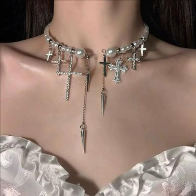 Gothic Cross Layered Pearl Diamond Necklaces Personalized Charm Necklaces Silver Chains Orthodox Cross Jewellery For Woman Statement Necklaces