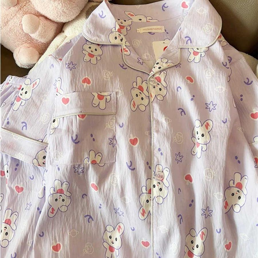 

Sweet purple bunny pajamas women s summer cardigan short-sleeved shorts ins suit girls can wear loungewear S