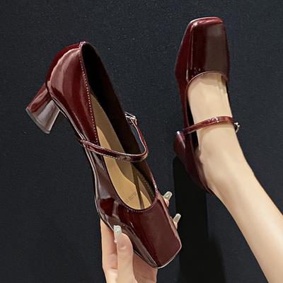 Spring and Summer Footwear Single Shoes Women's Thick Heels with Square Head and Shallow Mouth Buckle Shoes Patent Leather High Heels