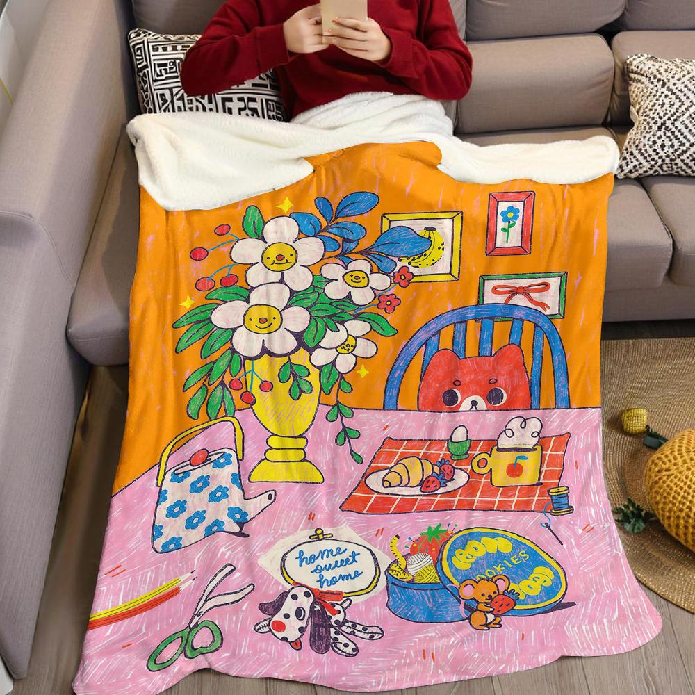 Orange Kitten House Flannel Blanket Warm Soft Halloween Christmas Couch Warm Cozy Decorative Decor Gift for All Season