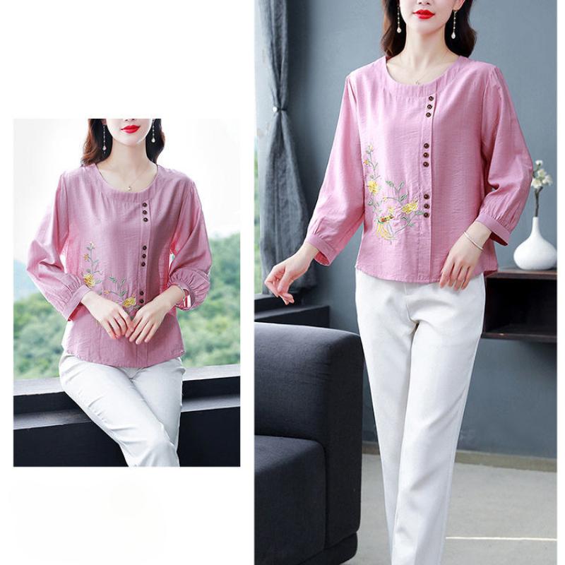Spring Summer New Women Fashion Casual Office 3/4 Sleeve Embroidery Cotton Linen Big Plus Size Top T-Shirt L-5XL