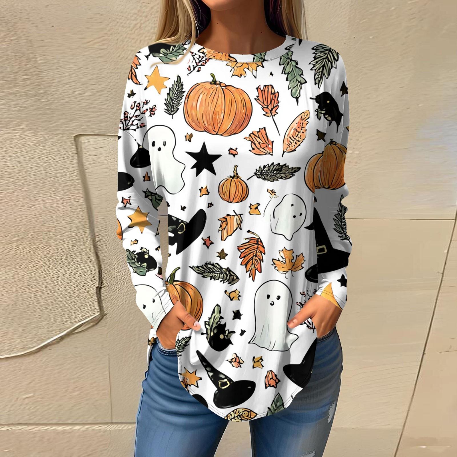

Women s Fashion Loose Round Neck Halloween Printed Long Sleeve T-Shirt Top Pullover M білий