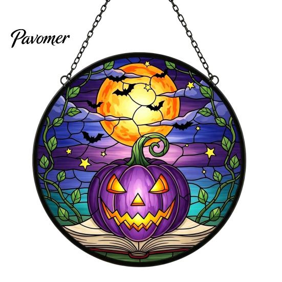 Transparent Light Shadow Effects Halloween Pumpkin Suncatcher, Stained Glass Style Round Window Hanging Ornament, Acrylic Creative Holiday Home