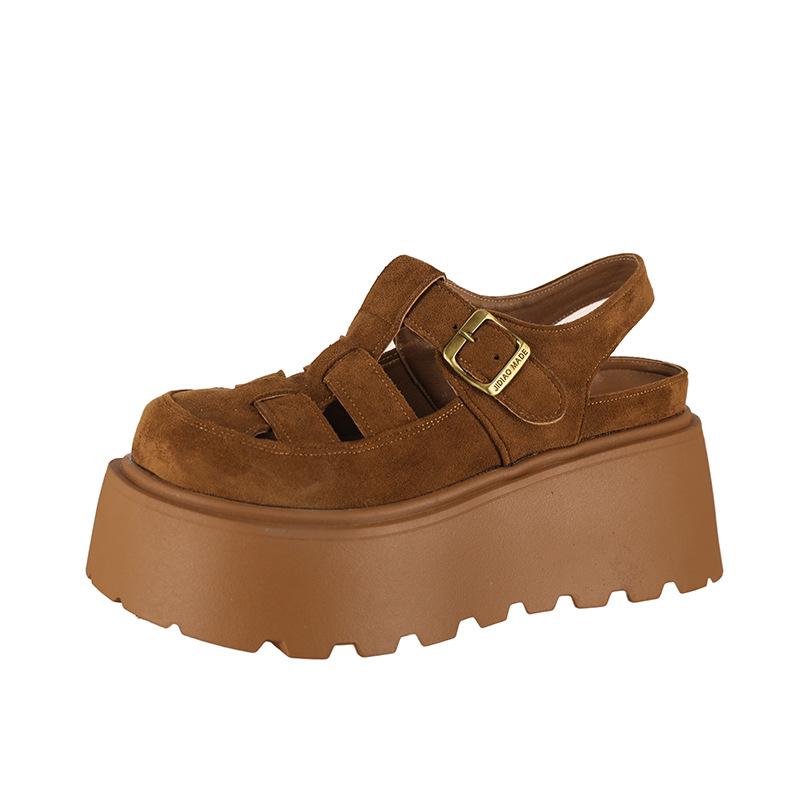 Leather woven bag head sandals for women's summer new thick soles increase 7CM one-word buckle for women