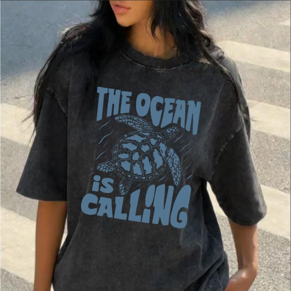 Washed Cotton Ocean Turtle Print T-Shirt Turtle Graphic Tee Casual Loose Short Sleeve for Beach