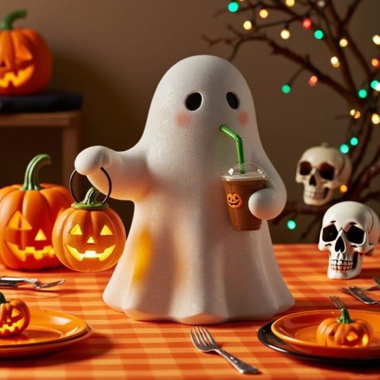 Halloween Ghost Night Lamp Holding Pumpkin Drinking Ghost Resin Statue Holiday Party Home Office Bedroom Ghost Decorative Lamp