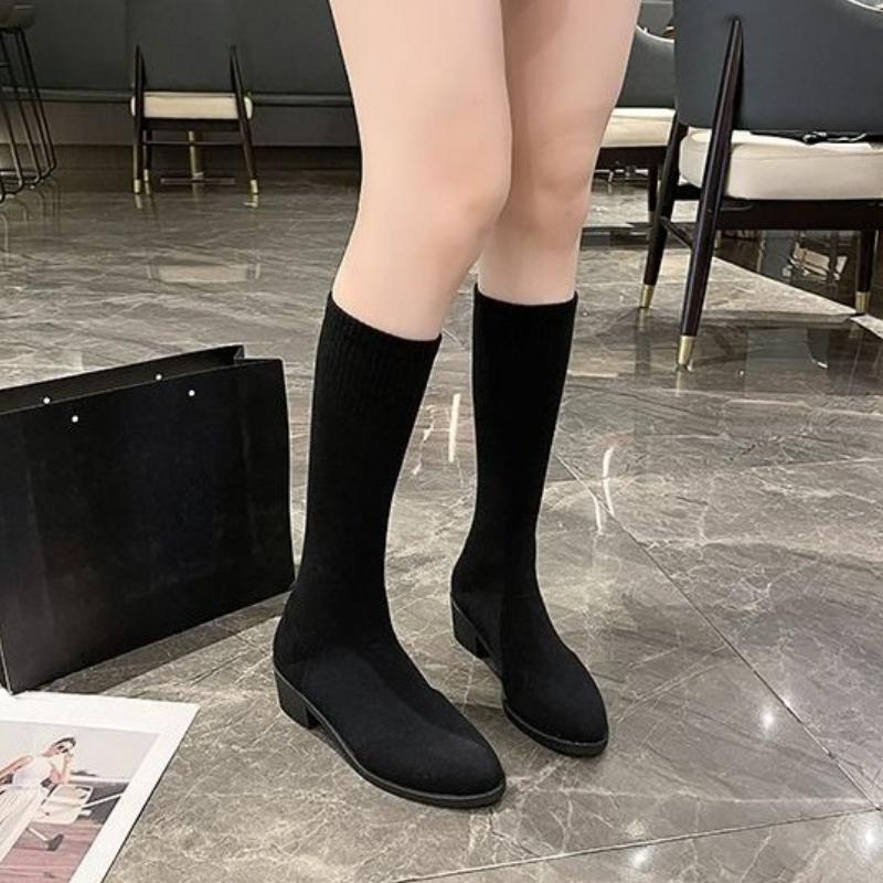 Elastische spitz zulaufende halbhohe Sockenstiefel für Damen Frühling Herbst mittlerer Absatz mittelhohe Stiefel Frau Trend 2025 Gyaru Goth Schuhe