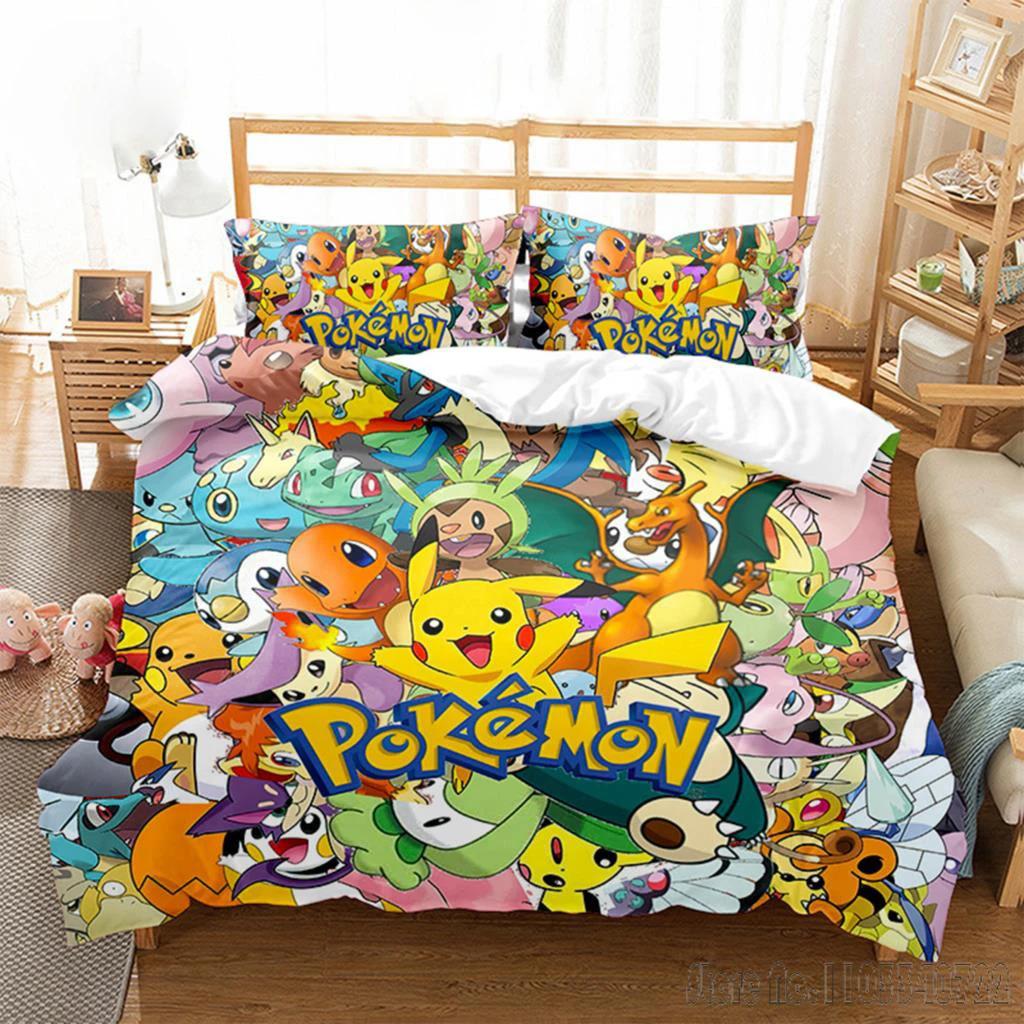 Anime Popular Pokemon Pillowcase Pikachu Bedding Set Baby Duvet Cover Sets Bedclothes Twin Single King Kids Adult Gift