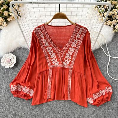 Damska haftowana szydełkowa koszula z rękawami typu latarnia krótka damska modna bluzka wiosenna retro etniczny styl top Blusas