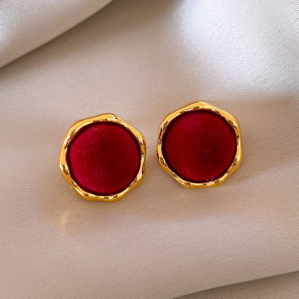 Retro Hong Kong Style Red Flocking Geometric Round Earrings Earrings Fashion Personality Temperament Earrings Women