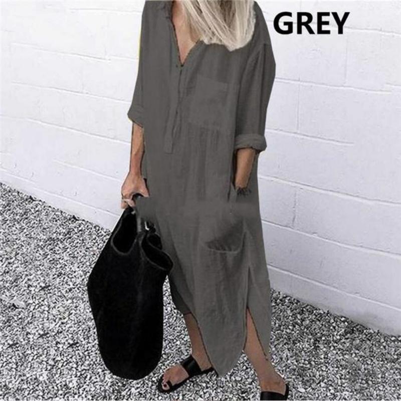 Women Casual Shirt Dress Side Slitting Long Sleeve Pockets Dress Solid Color Baggy Oversized Maxi Dress