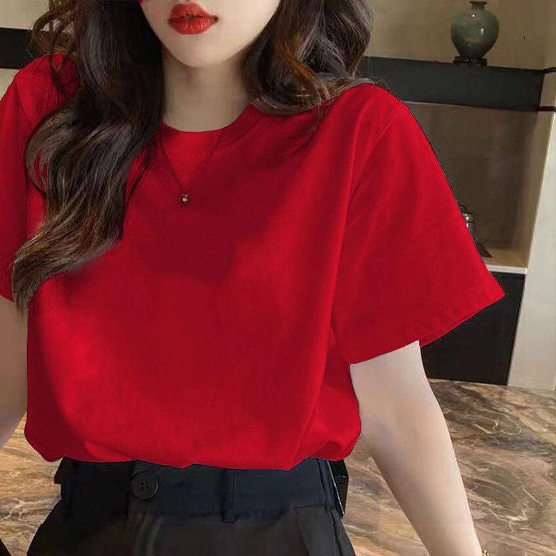New Cotton T-shirt Women's Spring Summer Large Size Wide Loose Red Short Sleeve Snake Life Clothes Half Sleeve