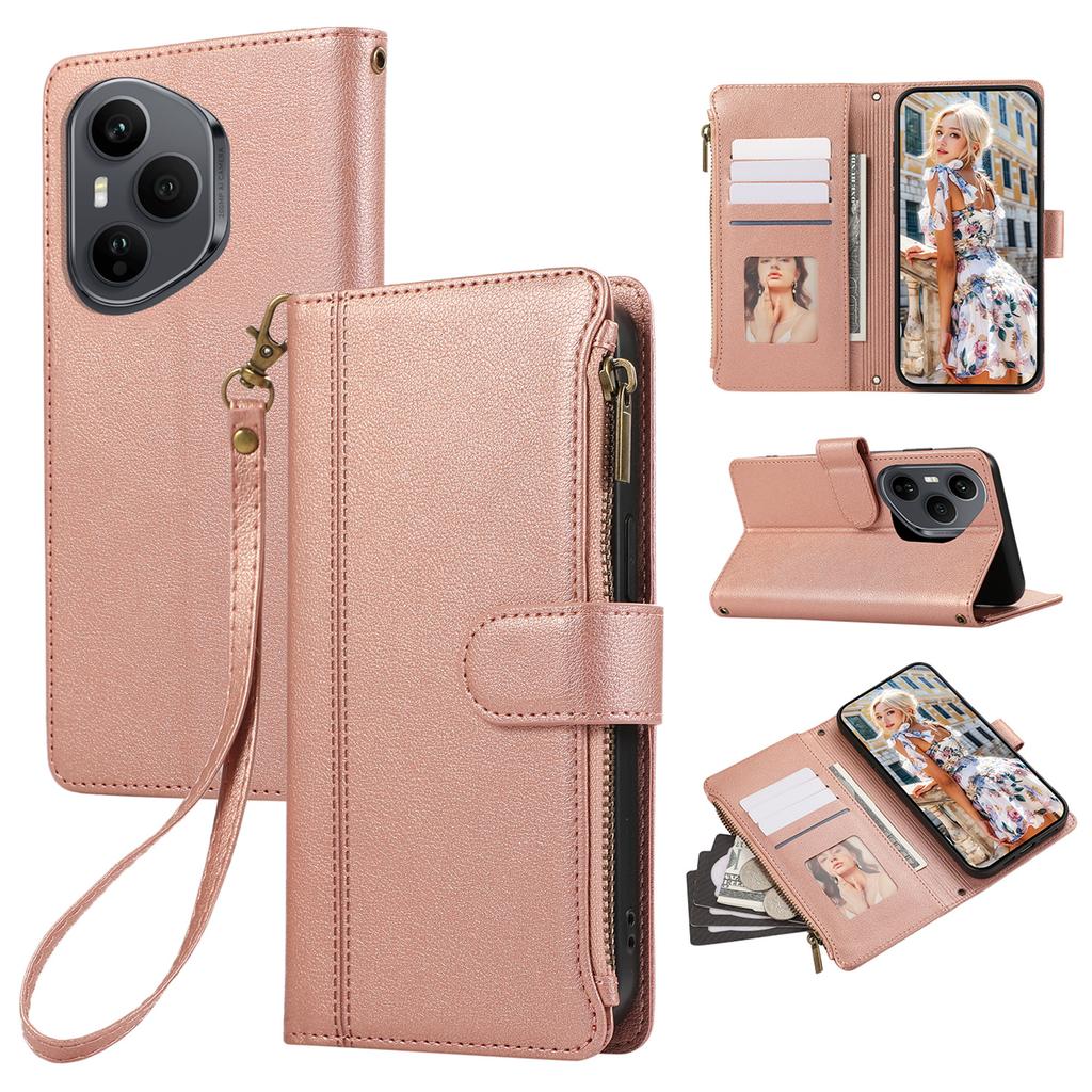 For Honor 400 Pro 5G (Global) Case Multi Card Slots Zipper Leather Phone Cover with Wrist Strap