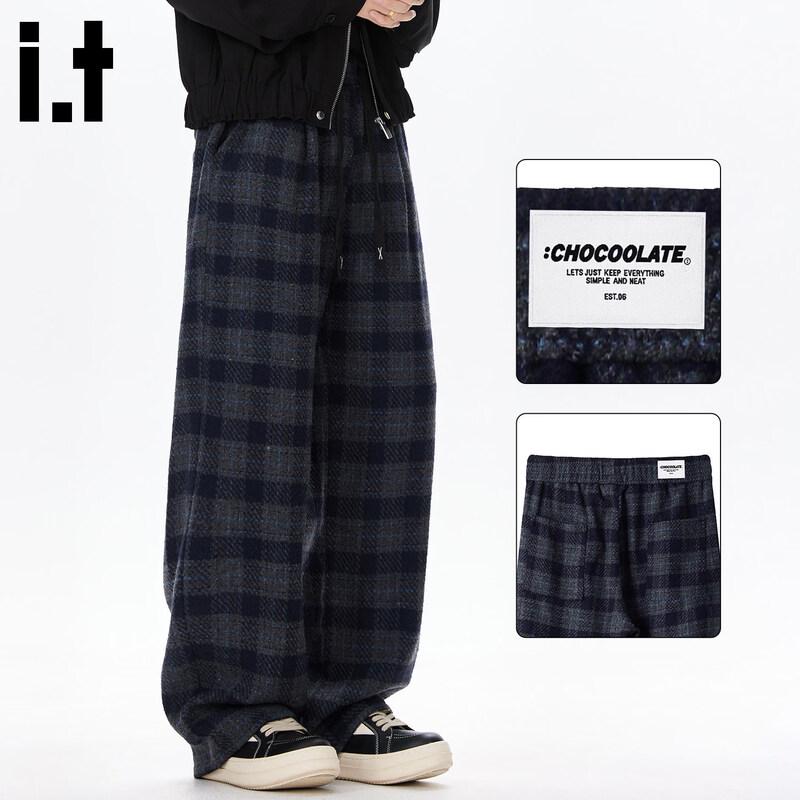 :CHOCOOLATE Мужские повседневные брюки из смесовой шерсти в клетку свободного прямого кроя 2XL