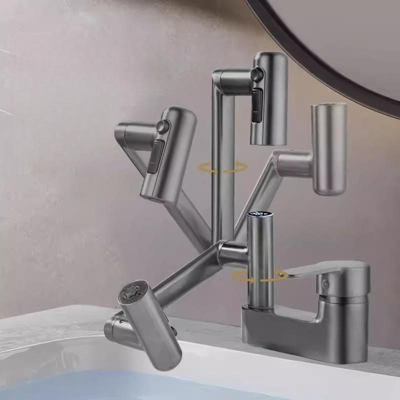 Washbasin Faucet Bathroom Multi-functional Mechanical Arm Cold and Hot Water Tap Digital Display Household Universal Rotation