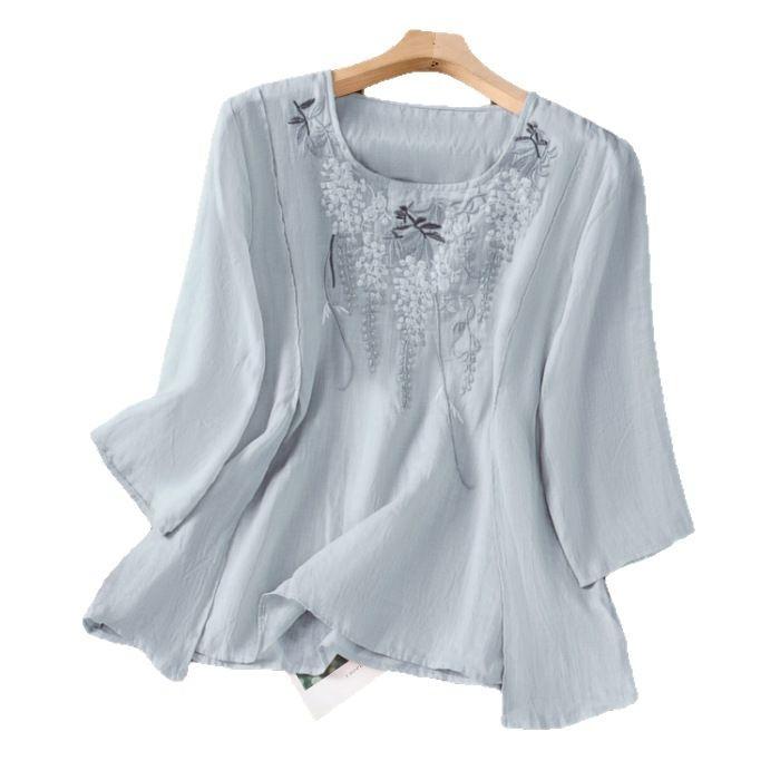 Retro Rundhals Baumwolle und Leinen Besticktes T-Shirt für Damen Im Sommer Neu Locker und Elegant Temperament Fünf-Punkt-Ärmel Oberteil