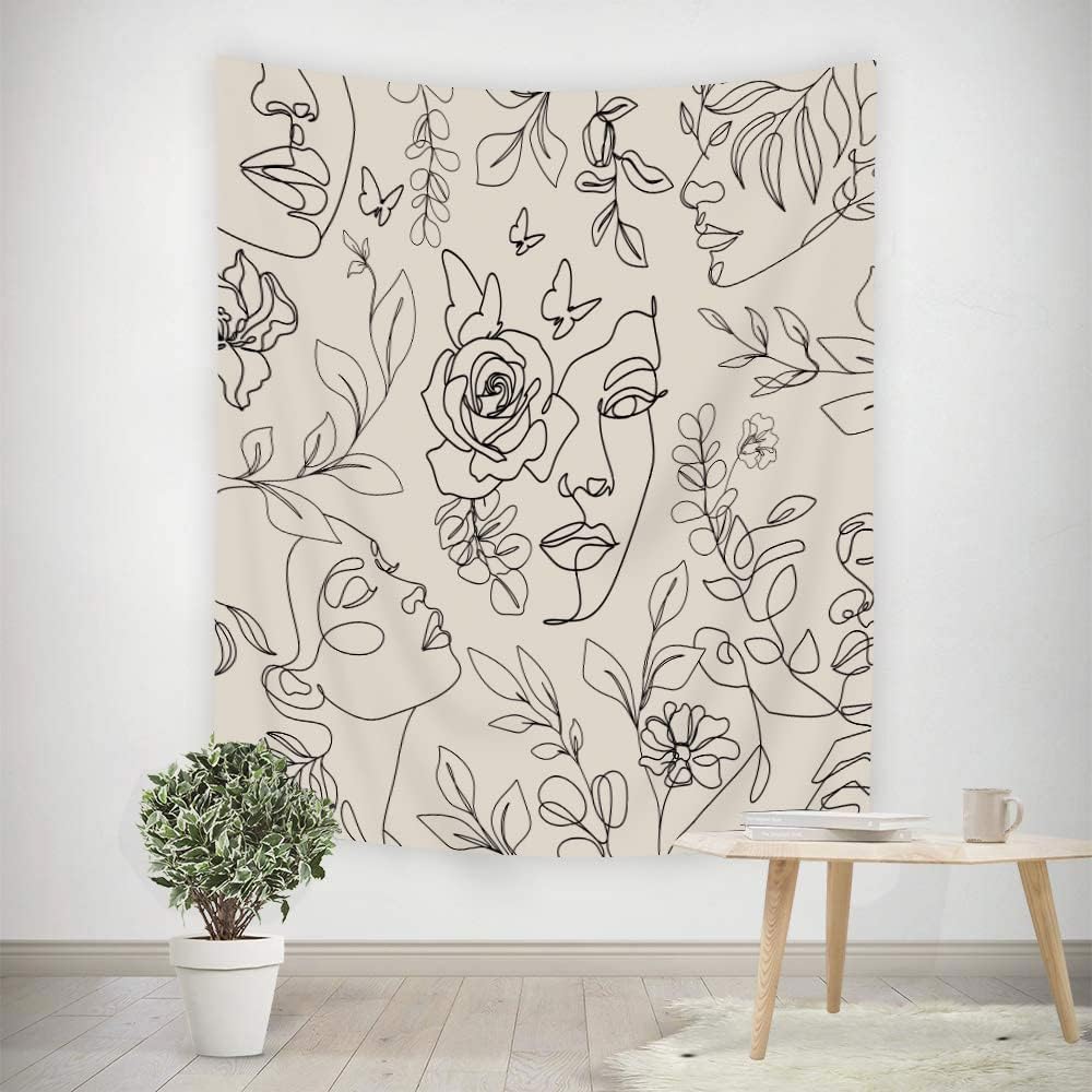 Abstract Woman Face Tapestry Floral Leaves Butterfly Art Line Lady Beige Black Flower Aesthetic Modern Sketch Minimalist Simple