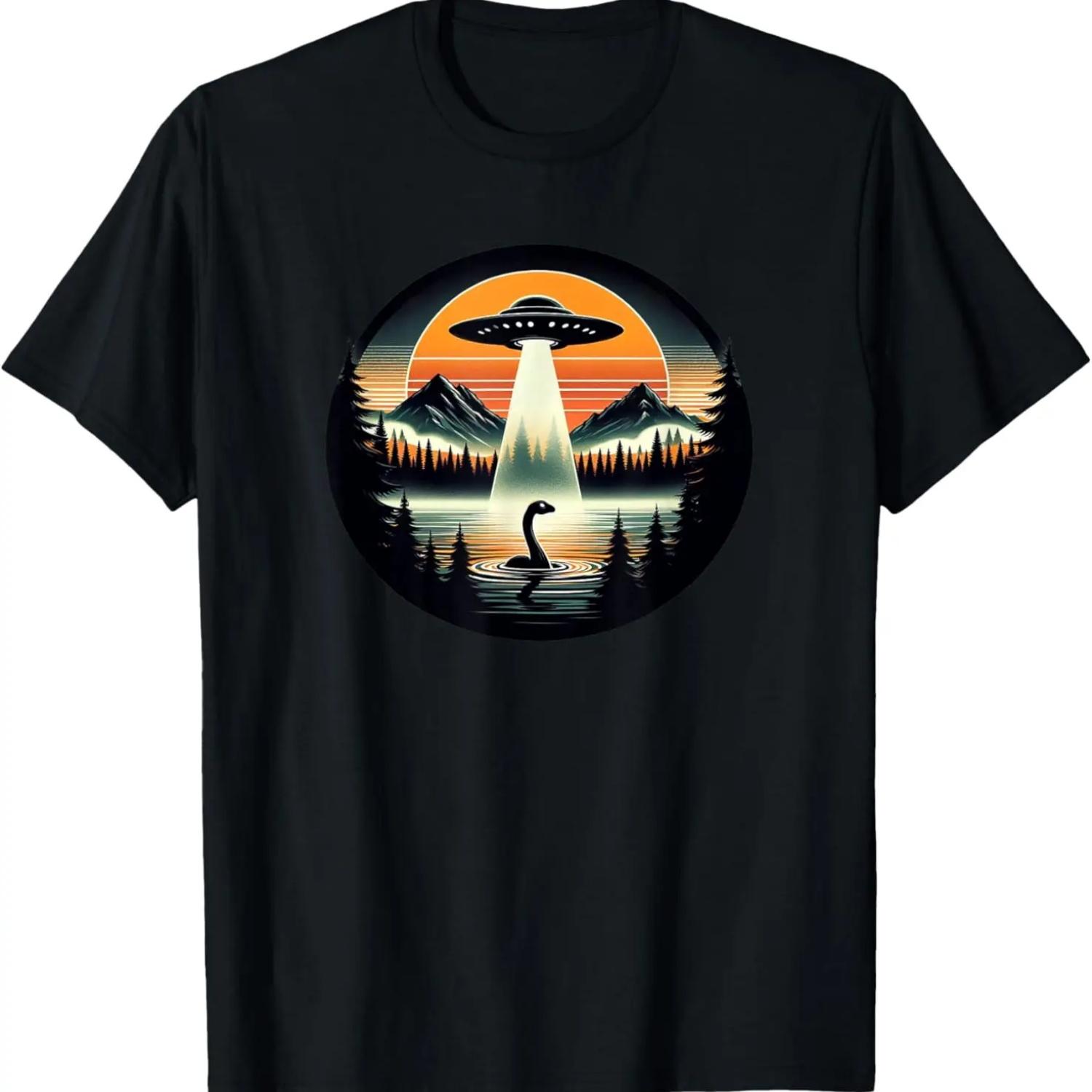 Loch Ness Sea Monster UFO Abduction, Nessie Retro Sunset T-Shirt S