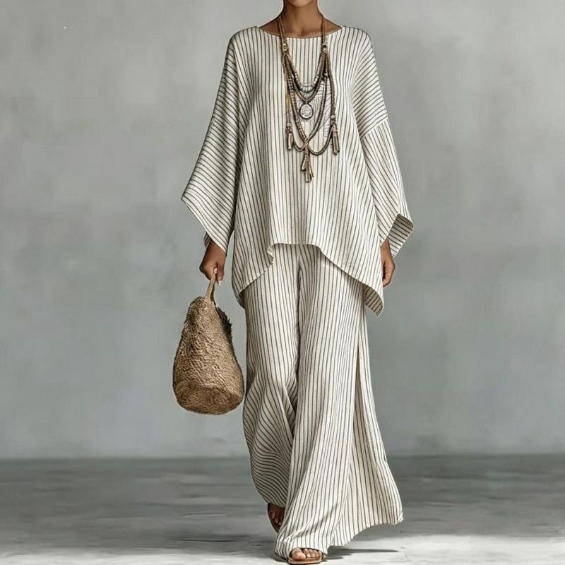 Casual print suit for women, bat-sleeved irregular top, drape wide-leg pants, two-piece set, one piece