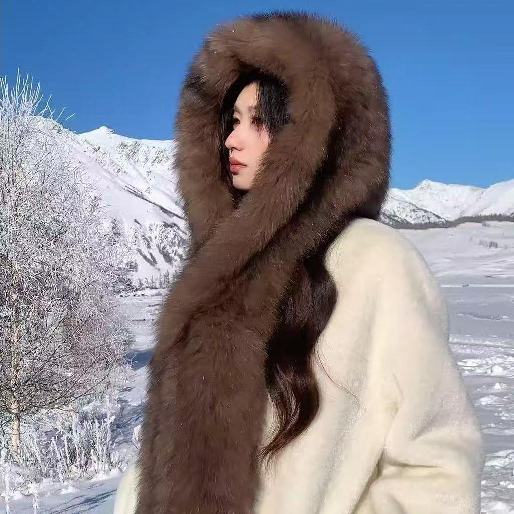 Premium Coffee-colored Faux Fox Fur Windproof Snow Hat - Winter Warm & Extra Thick