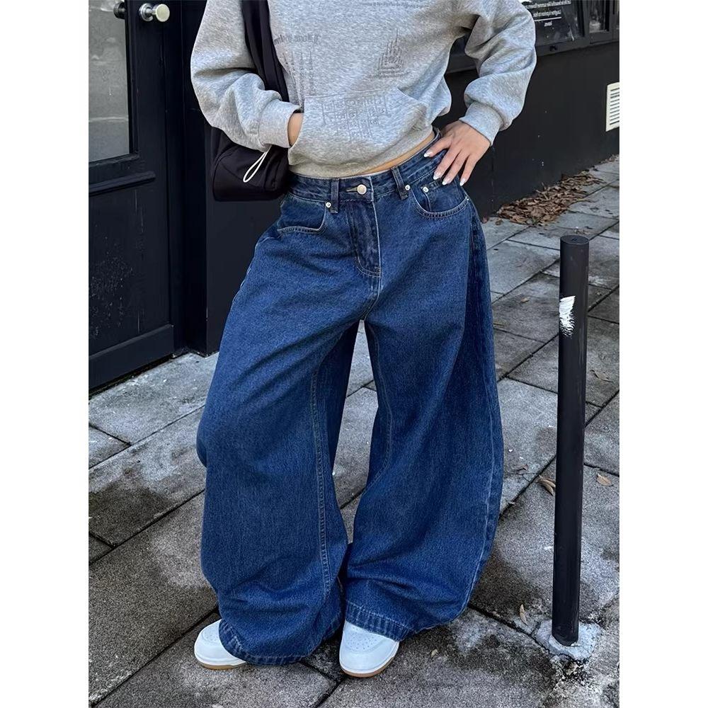 Retro Loose Embroidered Casual Women Jeans Fashion Streetwear Straight Wide Leg Long Pants